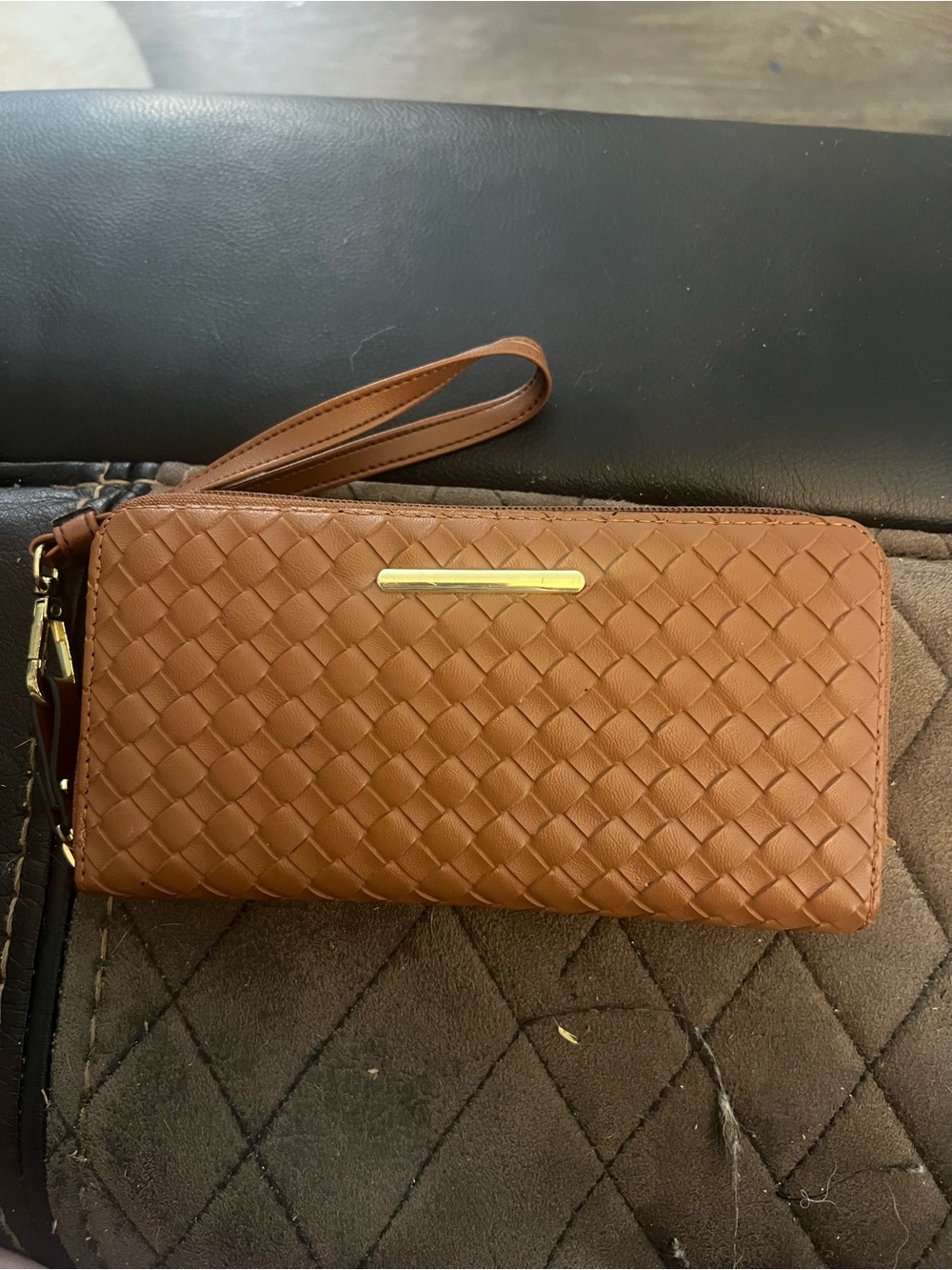 Cognac Brown Woven Leatherette Zip Around Wristlet Wallet Gold Hardware